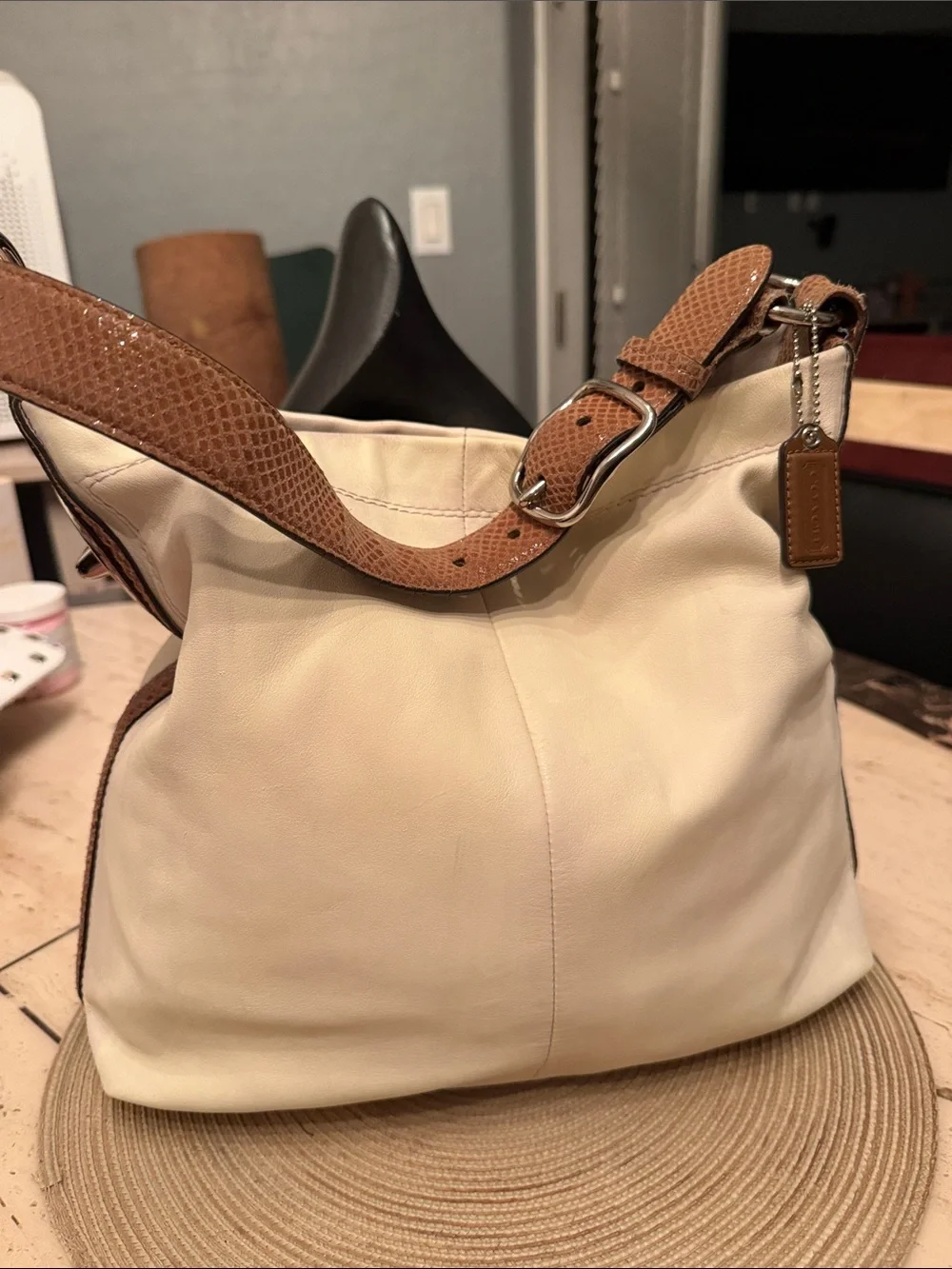 Coach 2011 Cream Hobo Bag with Brown Snake skin Patent Leather Trim & Hangtag